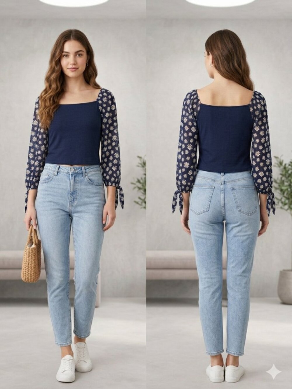 Cato Women's Plus 14/16W Navy Ribbed Knit Top Daisy Mesh Sleeve 3/4 Tie Cuff